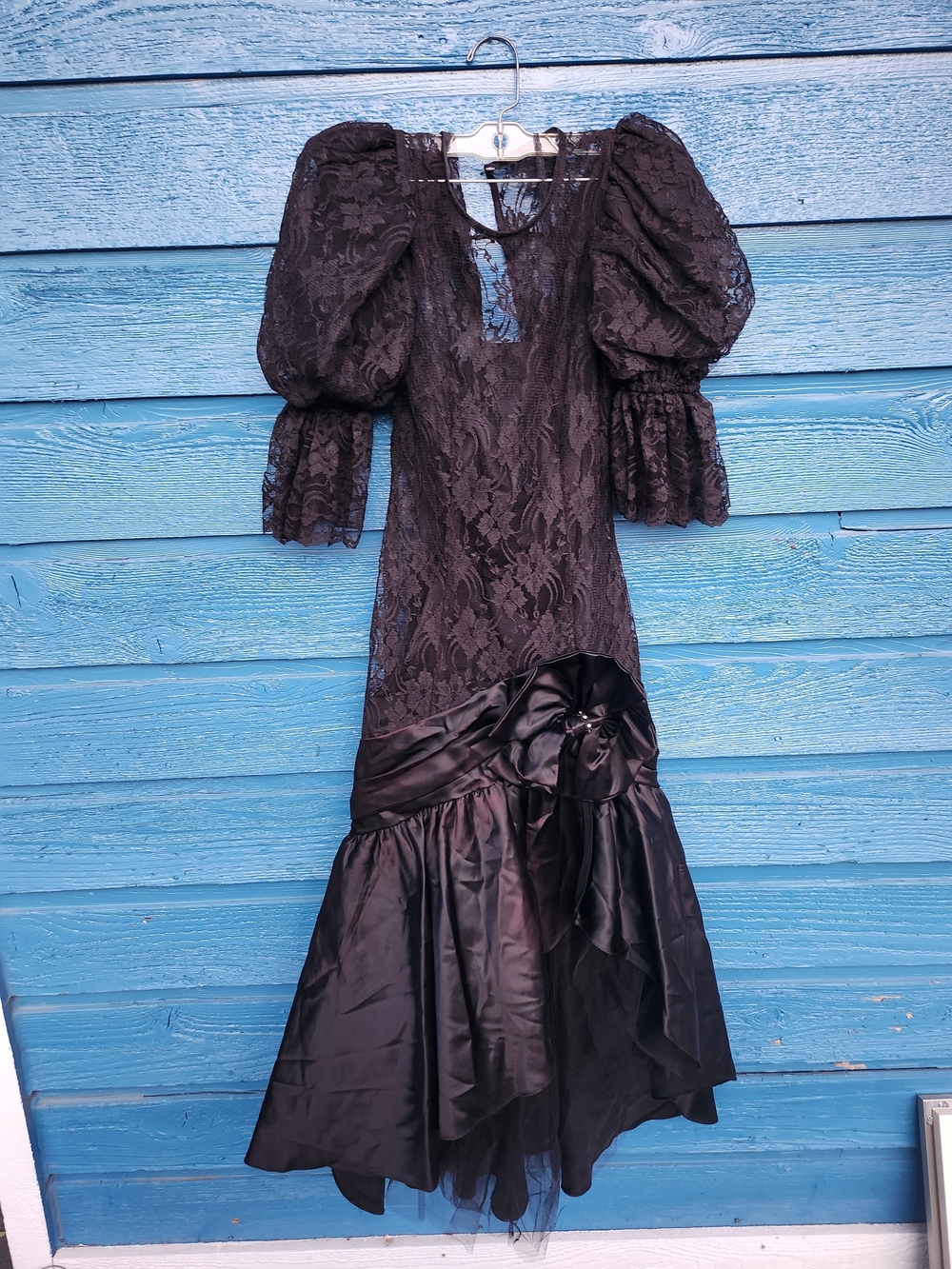 Vtg 80s ZUM ZUM Black Lace Puff Sleeve High Low Prom Dress Whimsigoth Goth Glam